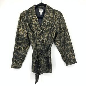 Chicos Belted Jacket Womens Sz 1 US M Black Gold Owl Sketch Graphic Print
